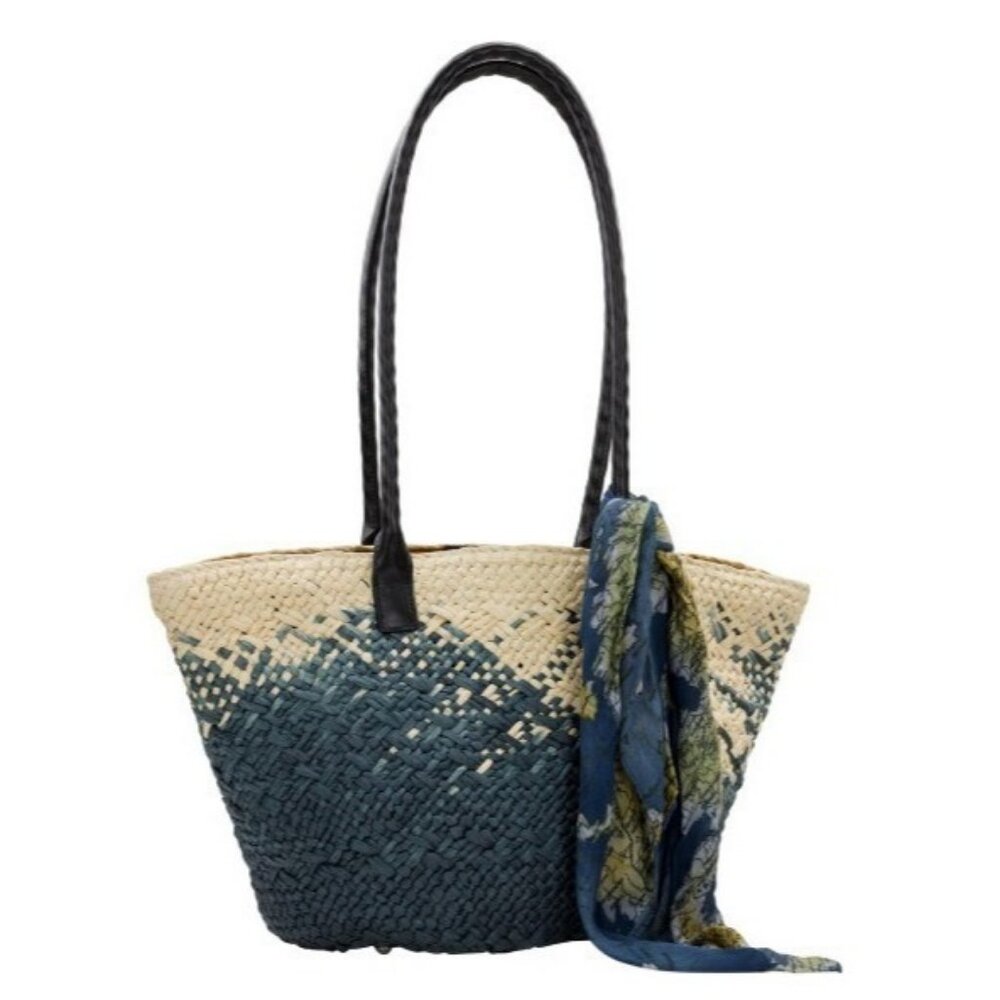 PATRICIA NASH Calypso straw women's large tote bag with scarf - Natural /Blue
